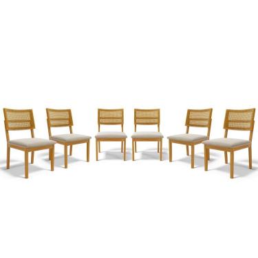 Imagem de Kit Com 6 Cadeiras Aline Madeira Maciça Assentos Estofados Encostos De Tela Palha Sextavada