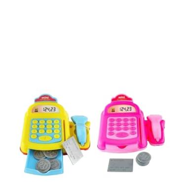 Imagem de Caixa Registradora de Brinquedo, Calculadora Digital, com Moedas e Cartão, Rosa e Amarelo, 2 Peças