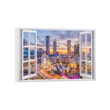 Imagem de Impressão lona janela falsa-Skyline edifícios cidade-Imagem arte parede paisagem-Pintura moderna para banheiro decoração 50x70cm20x27in Tela Embrulhada
