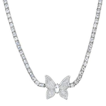 Imagem de ICE STAR Corrente feminina de elos de borboleta com gelo de 45,7 cm – Colar estilo hip-hop com pedras simuladas, joia moderna para presente, Zinco, Zircônia cúbica