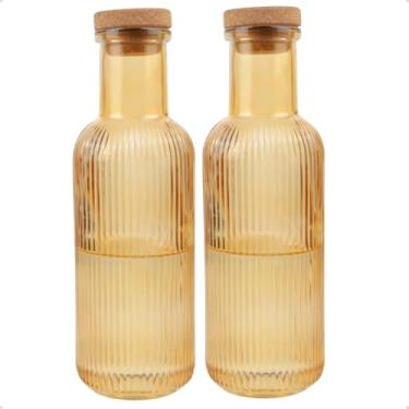 Imagem de Kit 2 Garrafas de Vidro Canelado para Água Suco 1 Litro Colorida Grace com Tampa Rolha (Ambar)