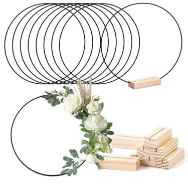 Imagem de Conjunto de 8 argolas florais de metal, 30,5 cm com 8 suportes de madeira para decoração de guirlanda de casamento, apanhador de sonhos, artesanato para pendurar na parede (anel preto 40,6 cm)
