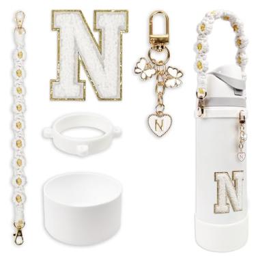 Imagem de Conjunto de monograma fofo de bota de silicone compatível com garrafa de água Owala 680 g - Acessórios perfeitos para Owala Tumbler, Owala Free Sip, Pink Owala, Black Owala, copo de café owala (branco