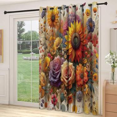 Imagem de Divisória de parede de cortina colorida para quarto, arte conceitual Spring Happiness of Farmhouse girassol e rosa Huddles, adequada para portas de vidro deslizantes, cortinas térmicas de sala de