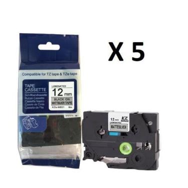 Imagem de Kit 5 Fita Compatível Brother Tze-931 Prata Letra Preta 12mm - Genéric