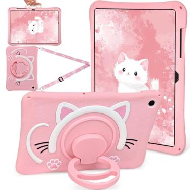 Imagem de Capa para Samsung Galaxy Tab A9 Plus de 11 polegadas (SM-X210/X216/X218) linda capa de gato rosa feminina menina criança 3D alça giratória suporte e alça de ombro silicone macio para tablet Samsung A9