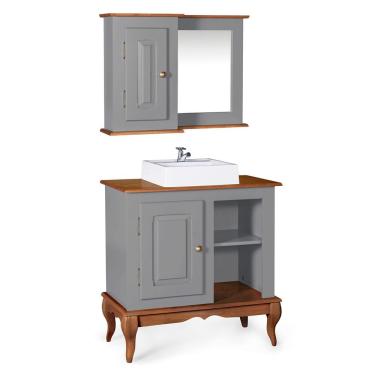 Imagem de Gabinete para Banheiro com Cuba e Armário Espelheira Dália 3051 - Cinza/Imbuia Glazer