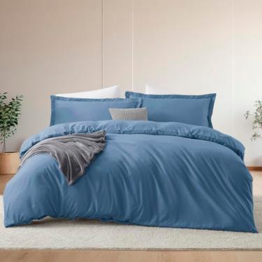 Imagem de Hearth & Harbor Conjunto de capa de edredom e lençol Queen Size Blue Heaven, 7 peças, macio escovado, inclui capa de edredom, lençol de cima, lençol com elástico, fronhas e fronhas