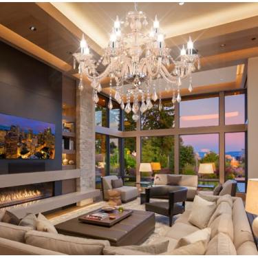 Imagem de Afficat Lustre Moderno De Cristal Conhaque, Luminárias K9 12 Luzes, Lustres Luxo, Luminária Pendente Vela 2 Níveis Para Sala Estar, Hall Entrada E Escada (12 Luzes)