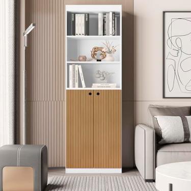 Imagem de Estante Livreiro Com 5 Prateleiras e 2 Portas Gold Luxo - Branco/Ripado