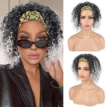 Imagem de Aisaide Peruca de cabeça encaracolada Kinky - Afro curto e completo em cinza para mulheres negras; 2 em 1 peruca de lenço sintético para cabeça