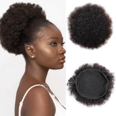 Imagem de Afro Kinky Curly Cabelo Humano Puff Rabo de Cavalo para Mulheres, Cabelo Encaracolado Donut Chignon Wrap com Cordões e 2 Clipes Updo Rabo de Cavalo Extensões de Cabelo Cor Preto Natural (15 cm/1B)