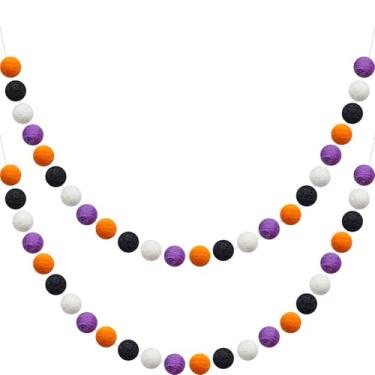 Imagem de Guirlanda de bola de feltro de lã, guirlanda de outono com pompom de 1,8 m de comprimento, 24 bolas de feltro, guirlandas para decoração de parede de Halloween e abóbora (laranja, branco, preto, roxo, 2 peças)