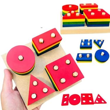 Imagem de Prancha de Formas Geométricas Pequena em Madeira Jogo Educativo Encaixe Madeira Brinquedo de Bebê Jogo Pedagógico de Formas Geométricas, 3+ Anos, 16 Peças, Multicolorido 14 x 14 x 4 cm