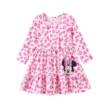 Imagem de Disney Vestido infantil floral Princess Frozen Elsa Minnie Stitch, manga comprida, roupa de outono casual para crianças de 2 a 6 anos, Minnie rosa claro, 3-4 Anos