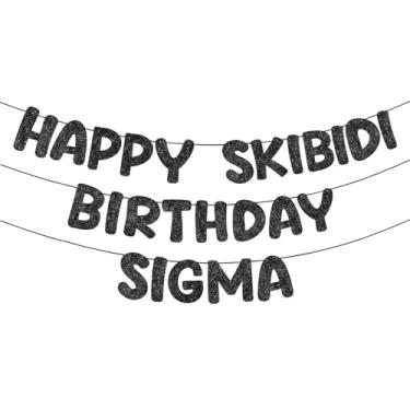 Imagem de Fulmoon Pre Strung Happy Skibidi Birthday Sigma Banner Glitter Funny Zoomer Gen Z Slang Birthday Party Supplies Gen Z Slag Party Decorations Sign Gift(Black)