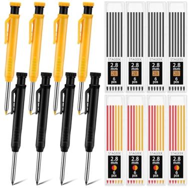 Imagem de MotiMind Pacote com 8 lápis de carpinteiro mecânico de 2,8 mm com 48 recargas, lápis de construção com apontador embutido, marcador de ponta longa, ferramentas de marcenaria resistentes (preto +