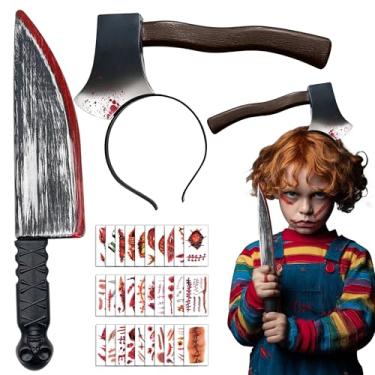 Imagem de Tokcousun Conjunto de fantasias de Halloween com faca falsa com sangue, kit de faixas de cabeça e cicatrizes falsas para crianças, adultos, mulheres, homens, acessórios de fantasia de Halloween