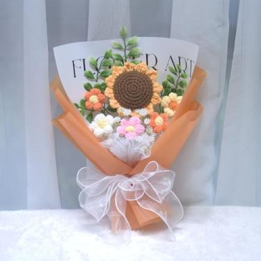 Imagem de YUNBIAOSEN Buquê de flores de crochê completo de crochê e margaridas de girassol para presentes de formatura, aniversário, decoração de casa (laranja)