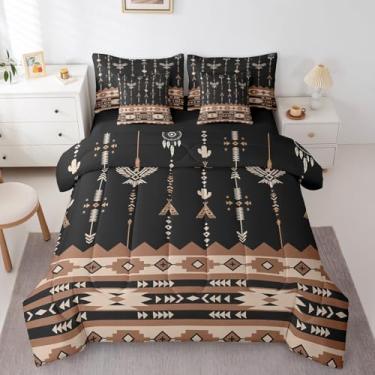 Imagem de Feelyou Jogo de cama king size asteca do sudoeste preto e marrom com edredom boêmio ocidental vintage geométrico tribal para meninos e meninas