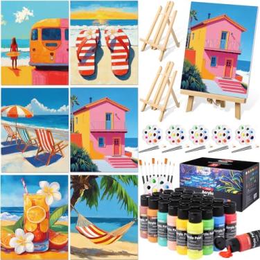 Imagem de AmazingSpark Conjunto de 6 kits de pintura e sip para adultos tela pré-desenhada de 20 x 25 cm para pintura DlY conjunto de pintura acrílica painéis de lona cavalete de madeira, 24 cores 60 ml 56,7 g