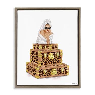 Imagem de Stupell Industries Roupão de banho feminino e malas marrom emoldurado com tela flutuante design de arte de parede por Ziwei Li, 80 x 63 cm