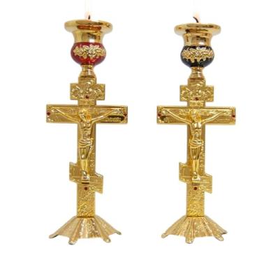 Imagem de RZRHMUHN Cruz de altar ortodoxo oriental com suporte de vela - Crucifixo banhado a ouro de 23,9 cm, detalhes esmaltados para santuário da igreja