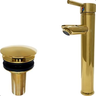 Imagem de Dona D Cor, Kit Torneira Dourada Banheiro Bica Alta Redonda Inox Monocomando Misturador e Válvula Click 7/8 Escoamento Lavabo Pia Ralo Gold Luxo 30mm