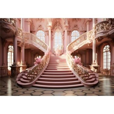 Imagem de Yeele 3 x 2,4 m fundo de palácio rosa princesa castelo real flores rosa escadaria luxuoso fundo de palácio europeu para casamento, chá de panela, decoração de festa de aniversário, retrato de menina