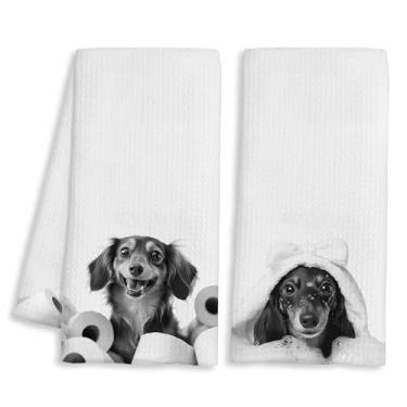 Imagem de BAYOGITA Toalhas de mão engraçadas para banheiro Dachshund, cachorro Weiner fofo com roupão de banho e papel higiênico toalhas de mão decorativas para crianças, banheiro, banheiro, presentes para