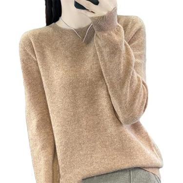 Imagem de 100% Lã Merino Camisola Feminina Crewneck Pullover Cor Sólida Malha Manga Comprida Tops, Golden Lighttan, L