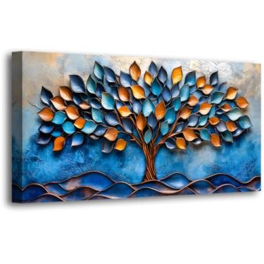 Imagem de Árvore da Vida Imagens Arte de Parede em Tela para Sala de Estar Escritório Quarto Decoração de Parede, Pinturas Impressas de Arte de Parede de Folha Azul Moderno Outono Azul Dourado Arte À Prova