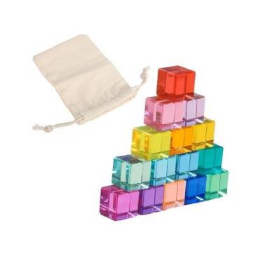Imagem de menolana Conjunto de blocos de construção de arco-íris, brinquedo educativo, reconhecimento sensorial de cores, cubos de acrílico translúcidos para construção, 15 Peças