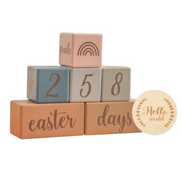 Imagem de JunZheHub Conjunto de Blocos de Marco, Blocos de Idade, Presente Comemorativo para Novas Mães, Meninos Ou Meninas, Chá de Bebê, Discos de Madeira, Adereços para, Azul