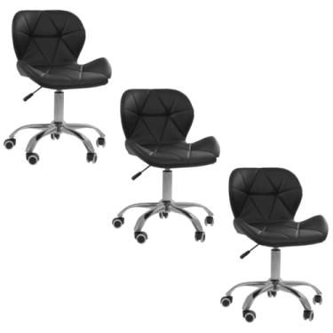 Imagem de DECORESHOP - Kit 3 Cadeiras Office Slim, Giratória, Altura Ajustável, Estofada Geométrica, Base Cromada com Rodízios, Preta