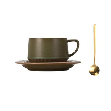 Imagem de Caneca de café de cerâmica Caneca de cerâmica retrô verde escuro, grande capacidade, para casa, escritório, café, com pires, conjunto colher, 300ml