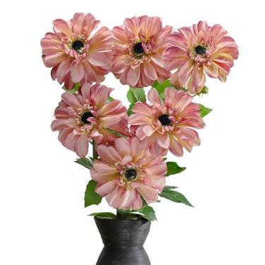 Imagem de GLSATEMAN Pacote com 6 flores artificiais de zinnia, rosa claro e rosa profundo, 62 cm de comprimento, flor grande com botão, flores de seda dobráveis DIY para decoração de casa (pó de outono)