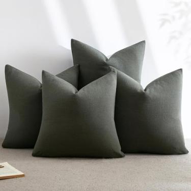 Imagem de JUSPURBET Conjunto de 4 capas de almofada decorativas de linho para sofá cama com zíper invisível para decoração de sala de estar, verde exército