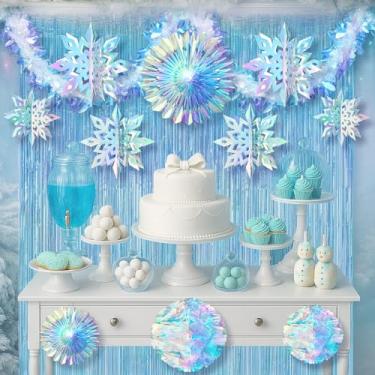 Imagem de Soulchen 14 peças de decorações iridescentes para festas com faixa de 1,8 m, leque decorativo de bola de favo de mel e guirlanda de borla de flocos de neve para Natal, inverno, arco-íris, aniversário