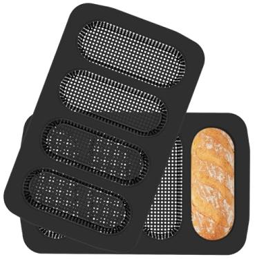 Imagem de Pacote com 2 formas de pão de cachorro-quente, forma de pão perfurada de aço carbono, mini bandeja antiaderente e resistente ao calor para assar pão caseiro, assadeira, lava-louças, micro-ondas