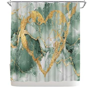 Imagem de WELMECO Cortina de chuveiro de mármore, decoração de banheiro de coração dourado abstrato moderno, tecido de poliéster, 183 x 182 cm, cortina de banheiro com ganchos (azul-petróleo)