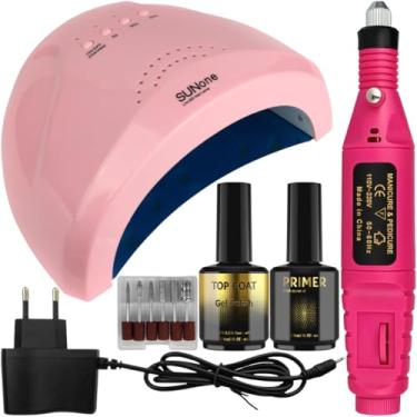 Imagem de Kit Unhas de Gel Profissional Cabine Sun One 30 LEDs 48W Lixadeira Caneta Primer Top Coat Preparador de Unhas (Rosa)