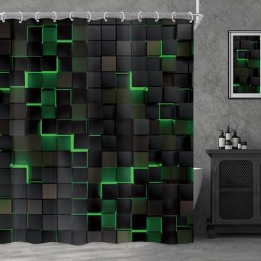 Imagem de Riyidecor Cortina de chuveiro verde preta 182 cm L x 182 cm A design moderno gradiente 3D abstrato parede tijolo futurista geométrico xadrez cubos masculinos meninos legal decoração de banheiro tecido
