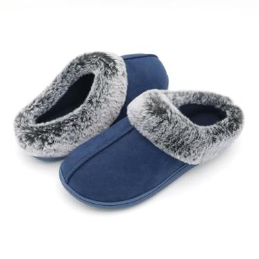Imagem de Boonble Pantufas femininas de espuma viscoelástica, felpudo, felpudo, para uso interno, ao ar livre, quarto, fofo, confortável, microcamurça para mulheres, Azul marino, 37