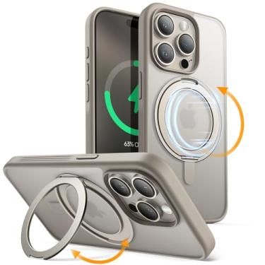 Imagem de JETech Capa de Anel Giratório de 360 Graus para iPhone 15 Pro Max 6,7 Polegadas Compatível com MagSafe, Case de Telefone Fina à Prova de Choque com Suporte & Suporte de Anel (Titânio Natural)