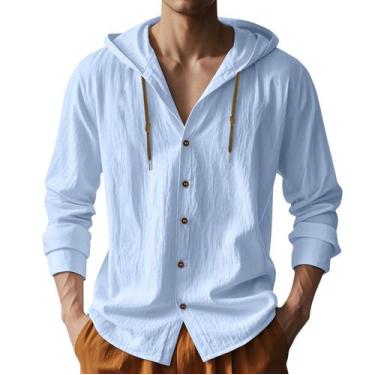 Imagem de Camisa masculina TRFIC: algodão, linho, manga comprida, botão, azul