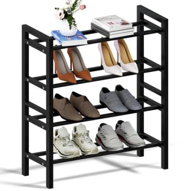 Imagem de Haddockway Sapateira de bambu para armário, organizador de sapatos de pé livre com hastes redondas lisas e alças convenientes, prateleira empilhável de armazenamento de sapatos para entrada, corredor
