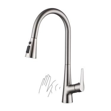 Imagem de sumerain Torneira de pia de cozinha ativada por sensor de movimento com pulverizador de puxar para baixo, torneira de cozinha sem toque de níquel escovado inteligente mãos livres