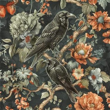 Imagem de Yzogbry Papel de parede preto cinza laranja flor pássaro planta descascar e colar papel de parede autoadesivo papel de parede adesivo em contato fácil de remover para apartamento locatário