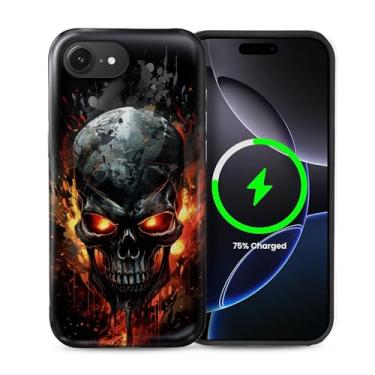 Imagem de Punmada Capa para iPhone 16e para MagSafe, capa híbrida rígida à prova de choque de silicone para iPhone 16e Capa fosca protetora preta legal com estampa de chamas de caveira